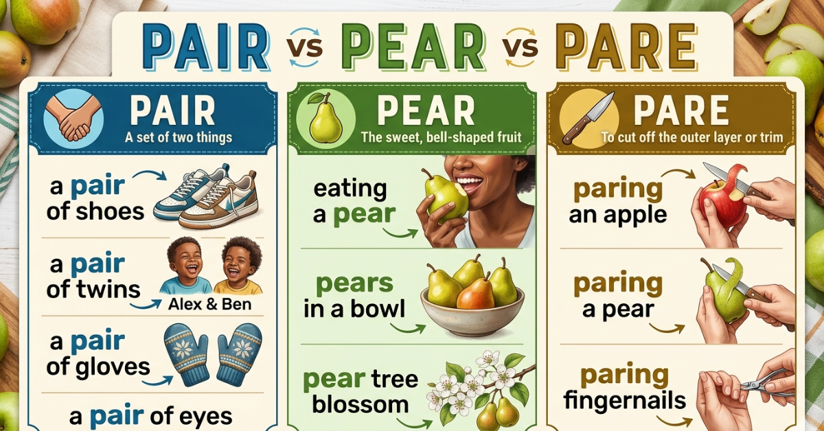 Pair vs Pear vs Pare: Meanings, Differences, and Examples