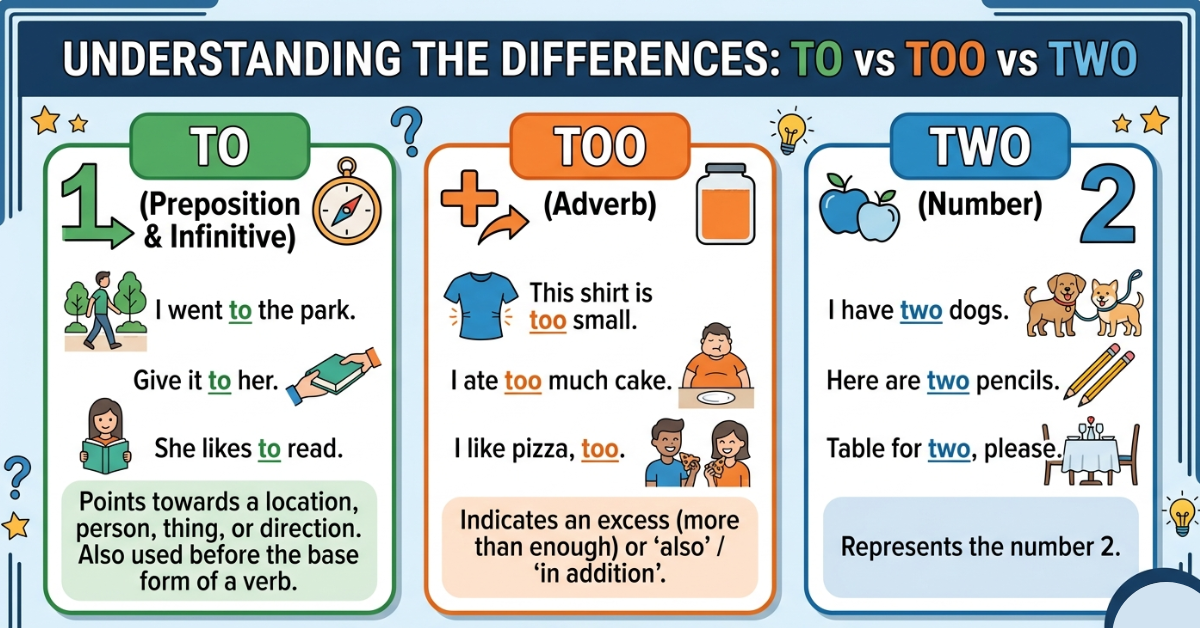 To vs Too vs Two: Meaning, Differences, and Examples